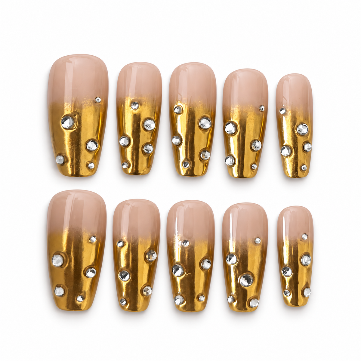 Mansa Musa gold chrome rhinestone press-on nail set on a clean white background